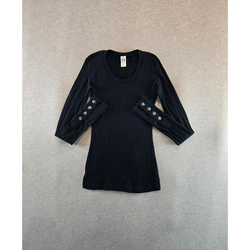 Free People Motor Cuff Thermal Shirt Womens Small Black Button Long Sleeve Scoop